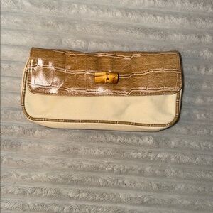 Beige and Tan Bamboo Accent Clutch Bag